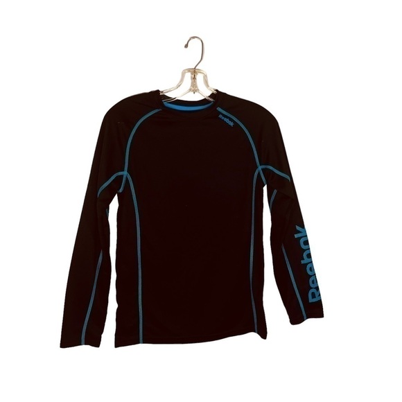 Reebok boys training shirt long sleeve play dry black with blue stitching Size L - Picture 4 of 14